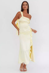 Full of charm, satin with extra long shoulder and leg slits, hidden side zipper with ruffle edge Prom Dresses
