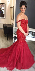 Fully Crystal Beaded Sweetheart Red Mermaid Prom Dresses Off The Shoulder