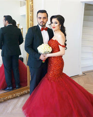 Fully Crystal Beaded Sweetheart Red Mermaid Prom Dresses Off The Shoulder