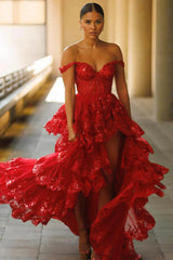 L1067 - Sweet Fully Lace Illusion With Train And Slit Cake Evening Formal Party Prom Dress