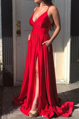 Spaghetti Straps V Neck Evening Formal Gown Long Bridesmaid Dress