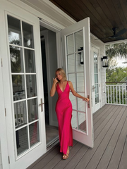 Sexy V Neck Party Dress Hot Pink Slit Prom Dress SH1178