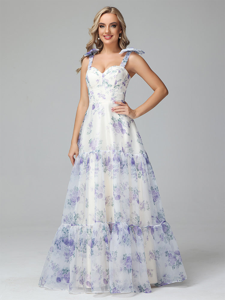 Cicinia A-line Lace-up Floral Long Prom Dresses