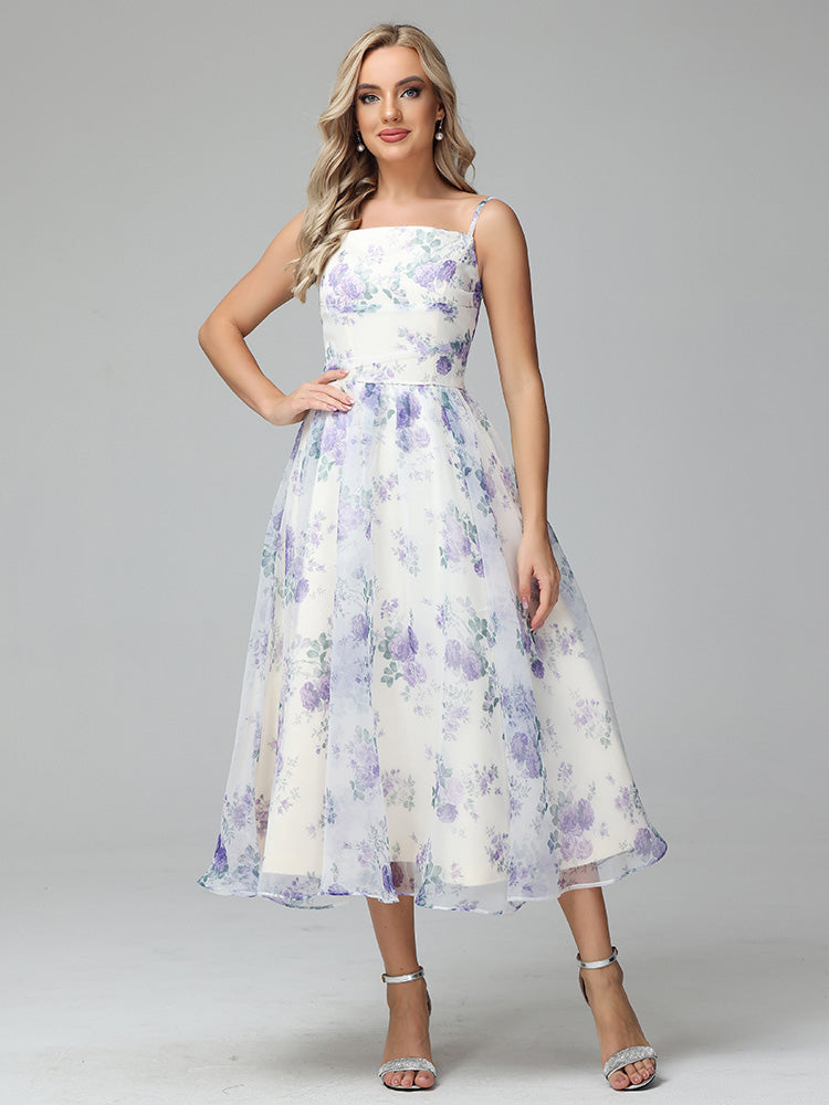 Cicinia Tea Length Lace-up Floral Prom Dresses