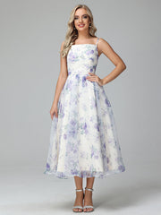 Cicinia Tea Length Lace-up Floral Prom Dresses