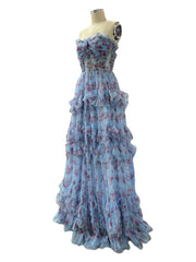 Floral A-Line Ruffles Strapless Prom Dress