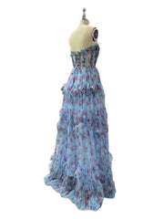 Floral A-Line Ruffles Strapless Prom Dress