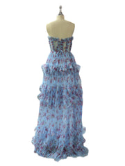Floral A-Line Ruffles Strapless Prom Dress