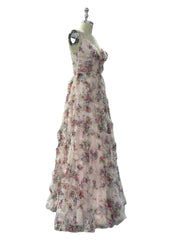 Floral Spaghetti Straps A-Line Tulle Prom Dress