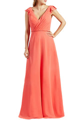 Sleeves V Neck Chiffon Long Bridesmaid Dresses Evening Gown