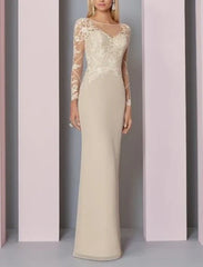 Sheath / Column Mother of the Bride Dress Wedding Guest Elegant See Through Jewel Neck Floor Length Chiffon Lace Long Sleeve