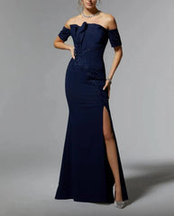 Mermaid Off Shoulder Floor-length Wedding Guest Dresses Sequins Beaded Mother of the Bride Dress With Slit Elegant