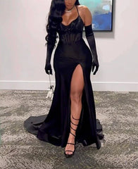 Aimishang Black Sexy Evening Party Dress Long Prom Dress Charming Formal Dress With Slit No With Gloves