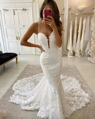 Mermaid Lace White Wedding Dresses Spaghetti Straps Sexy Beautiful
