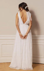 Bohemian Lace Tulle Plunging Neckline A Line Floor-length Deep-V Back Wedding Dress Sexy