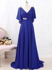 A-Line/Princess Chiffon Beading V-neck Short Sleeves Sweep/Brush Train Mother of the Bride Dresses Elegant
