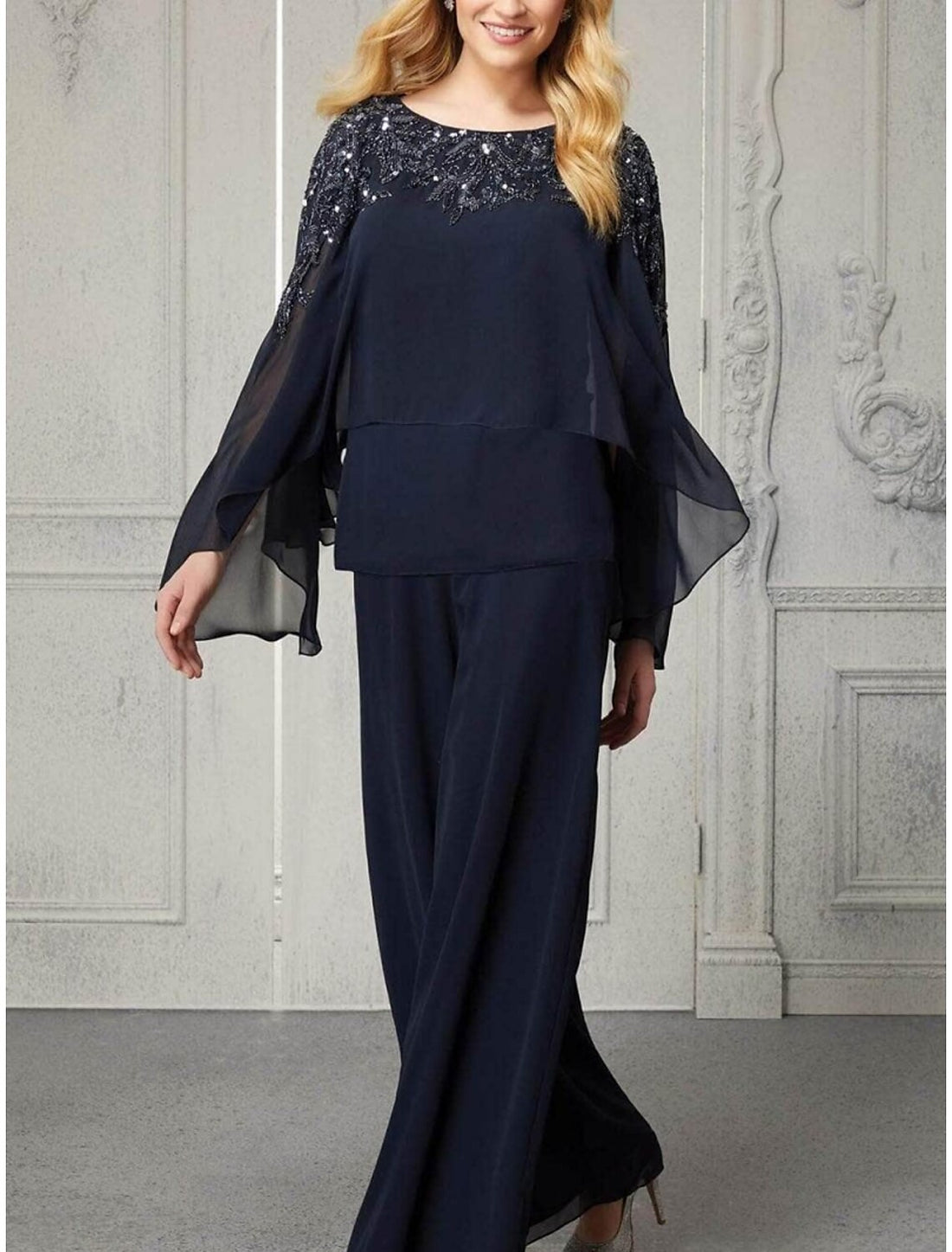 Jumpsuits Mother of the Bride Dress Wedding Guest Elegant Scoop Neck Ankle Length Chiffon Long Sleeve with Lace
