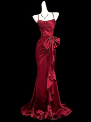 Burgundy Mermaid Straps Long Party Dress, Satin Prom Dress S201