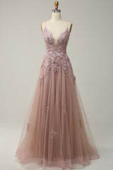 A Line Spaghetti Straps Grey Blue Long Prom Dress with Appliques