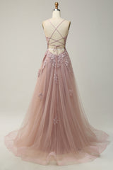 A Line Spaghetti Straps Grey Blue Long Prom Dress with Appliques