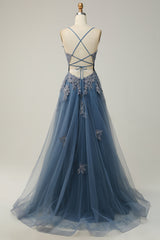 A Line Spaghetti Straps Green Long Prom Dress with Criss Cross Back