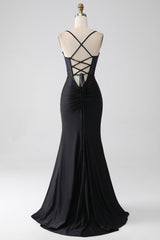 Black Mermaid Spaghetti Straps Long Corset Prom Dress With Beading