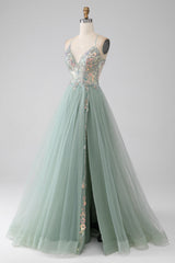A-Line Beaded Light Green Prom Dress with Slit