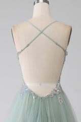 A-Line Beaded Light Green Prom Dress with Slit