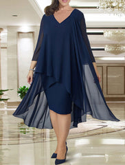 Sheath / Column Mother of the Bride Dress Plus Size Elegant V Neck Knee Length Chiffon 3/4 Length Sleeve with Beading