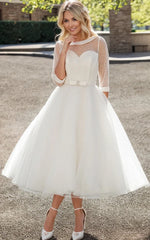 Tea-Length A-Line Bateau Neck Illusion Sleeve Bowed Tulle Wedding Dress Elegant