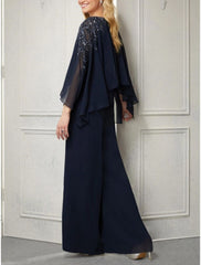 Jumpsuits Mother of the Bride Dress Wedding Guest Elegant Scoop Neck Ankle Length Chiffon Long Sleeve with Lace
