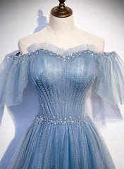 Charming Light Blue Tulle Puffy Sleeves Floor Length Party Dress A-line Pricess Gowns Prom Dress Sparkly
