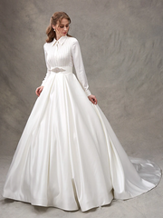 Ball Gown Wedding Dresses High Neck  Satin Long Sleeve Glamorous Sparkle & Shine with Bowknot Sash  Ribbon Beading