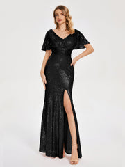 Cap Sleeves Sequins Prom Dresses