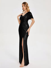 Cap Sleeves Sequins Prom Dresses