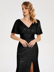 Cap Sleeves Sequins Prom Dresses