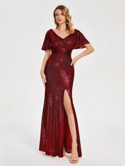 Cap Sleeves Sequins Prom Dresses