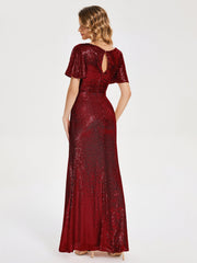 Cap Sleeves Sequins Prom Dresses