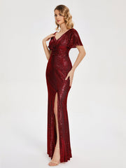 Cap Sleeves Sequins Prom Dresses