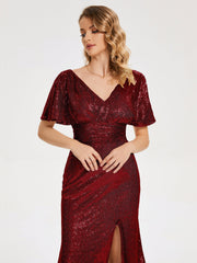 Cap Sleeves Sequins Prom Dresses