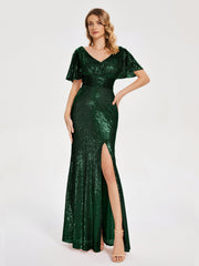 Cap Sleeves Sequins Prom Dresses