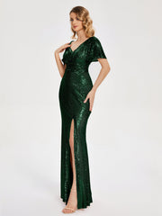 Cap Sleeves Sequins Prom Dresses