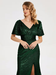 Cap Sleeves Sequins Prom Dresses