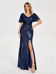 Cap Sleeves Sequins Prom Dresses