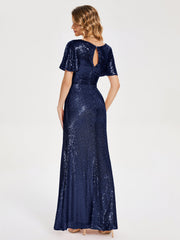 Cap Sleeves Sequins Prom Dresses