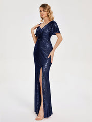 Cap Sleeves Sequins Prom Dresses