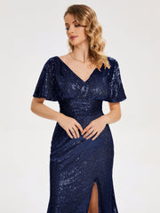 Cap Sleeves Sequins Prom Dresses