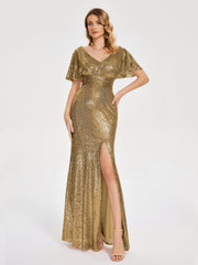Cap Sleeves Sequins Prom Dresses