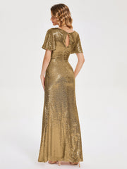 Cap Sleeves Sequins Prom Dresses
