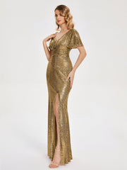 Cap Sleeves Sequins Prom Dresses
